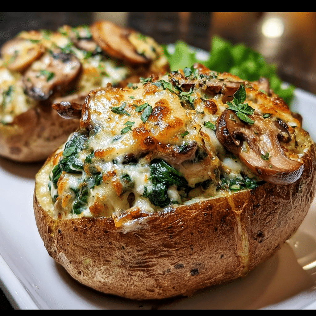 Cheesy Twice-Baked Stuffed Potatoes With Spinach & Mushrooms