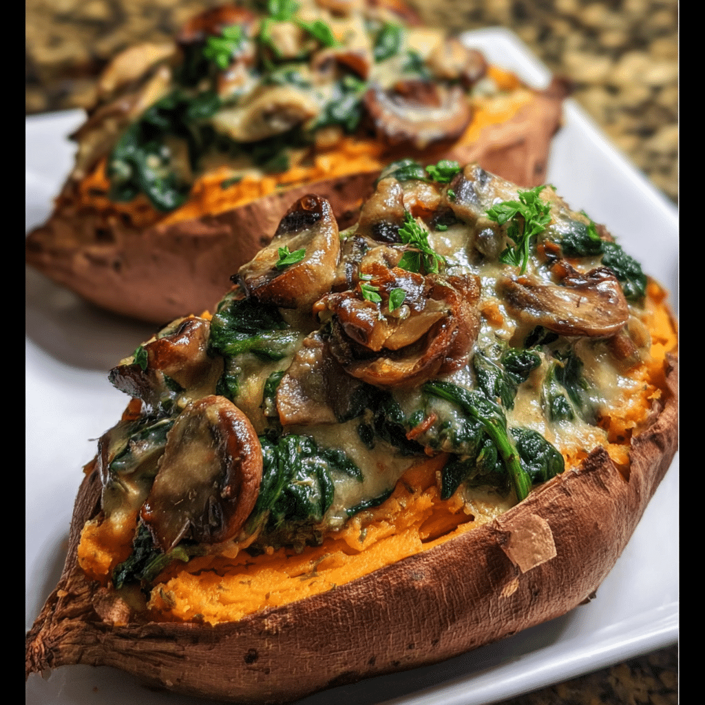 Creamy Mushroom and Spinach Stuffed Sweet Potatoes