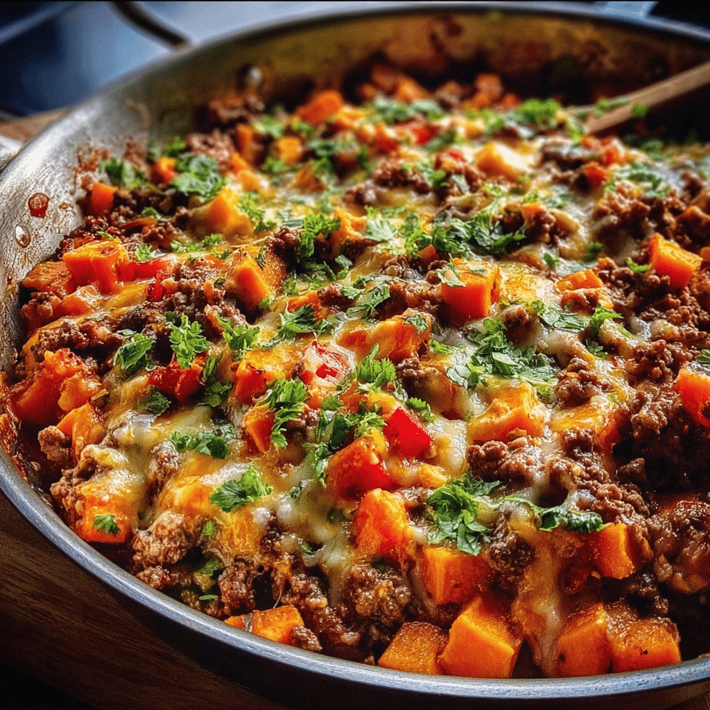Southwest Ground Beef and Sweet Potato Skillet