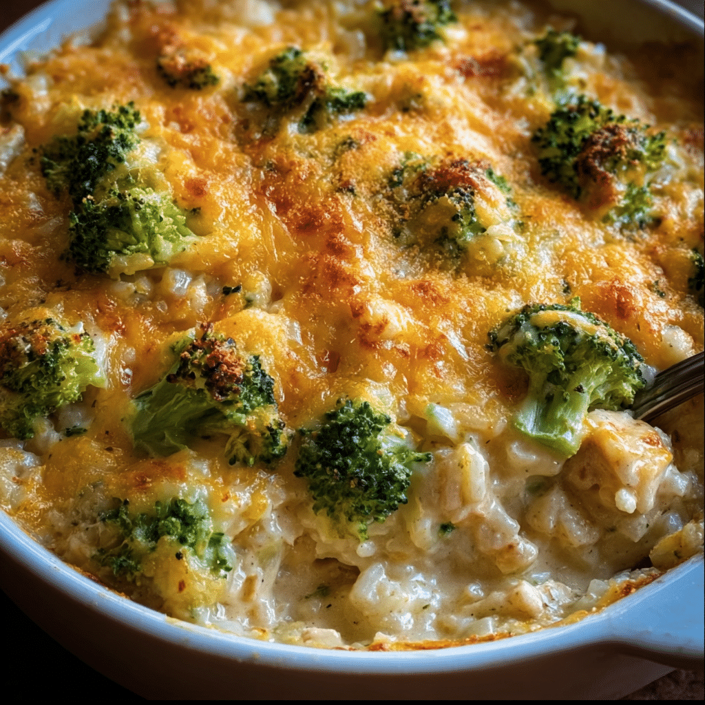Creamy Chicken Broccoli Rice Cheese Casserole