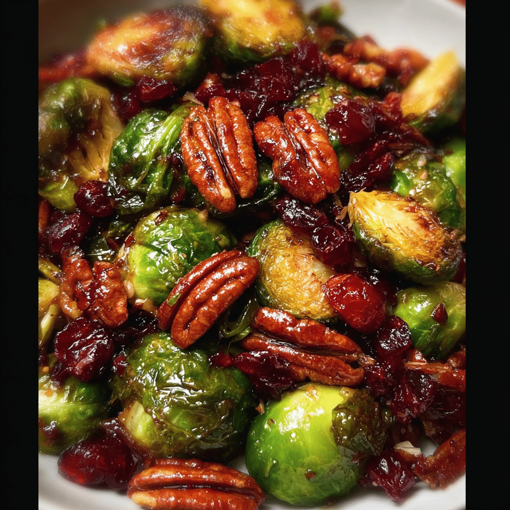 Brussels sprouts with Bacon, Pecans, Cranberries, and Balsamic Glaze