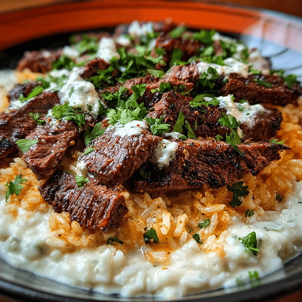Creamy Queso Rice with Juicy Steak Strips