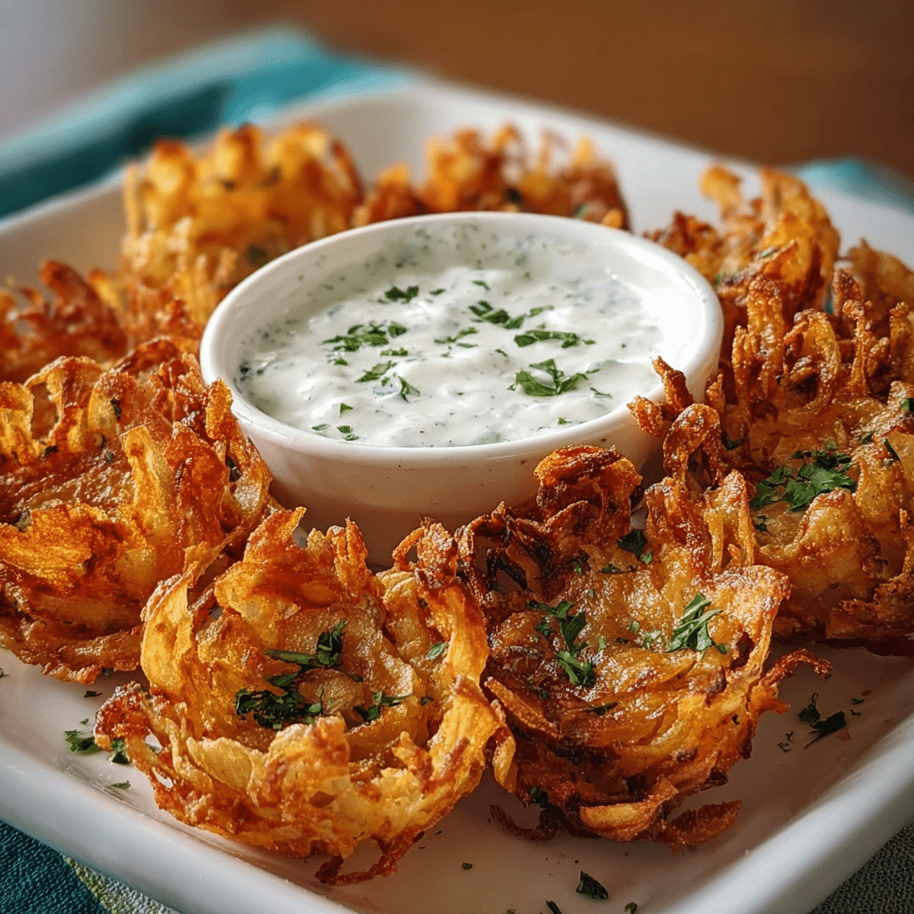 Crispy Mini Bloomin Onions with Creamy Buttermilk Ranch Dip