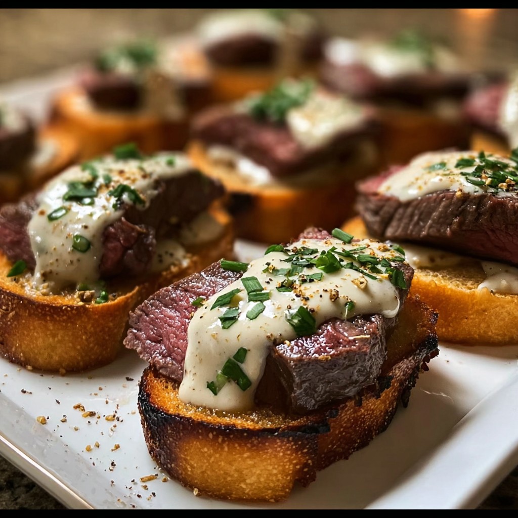 Beef Tenderloin Crostini with Parmesan Cream Sauce