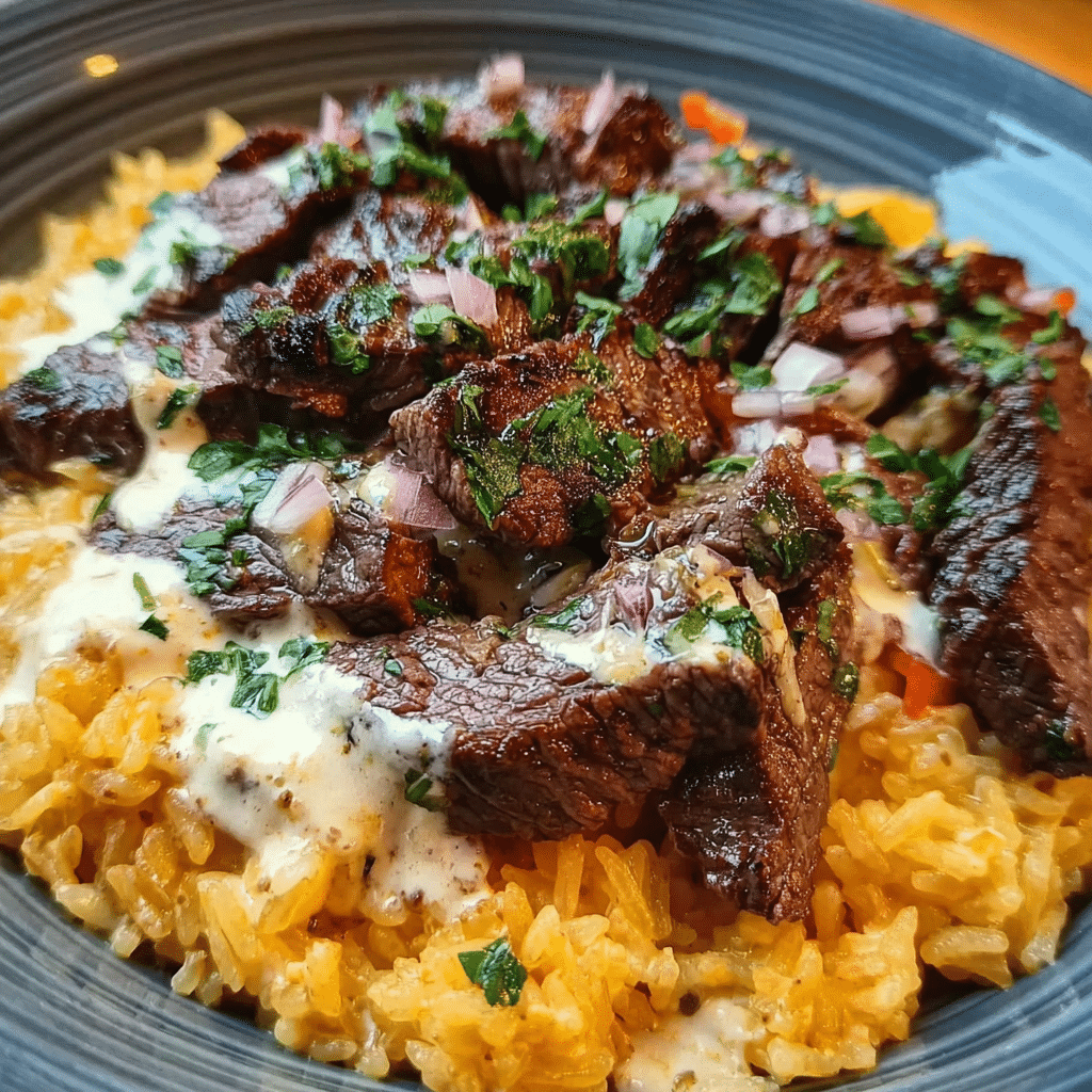 Creamy Queso Rice with Juicy Steak Strips