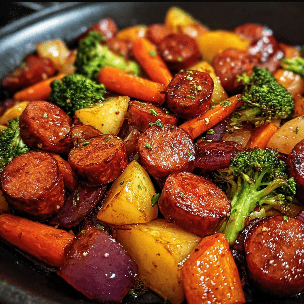 Tasty One-Pan Honey Garlic Kielbasa & Veggies