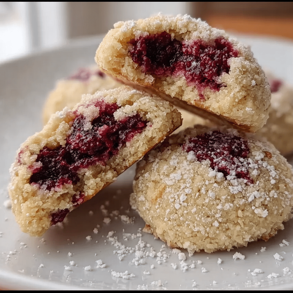 Raspberry-filled Almond Snowball Cookies