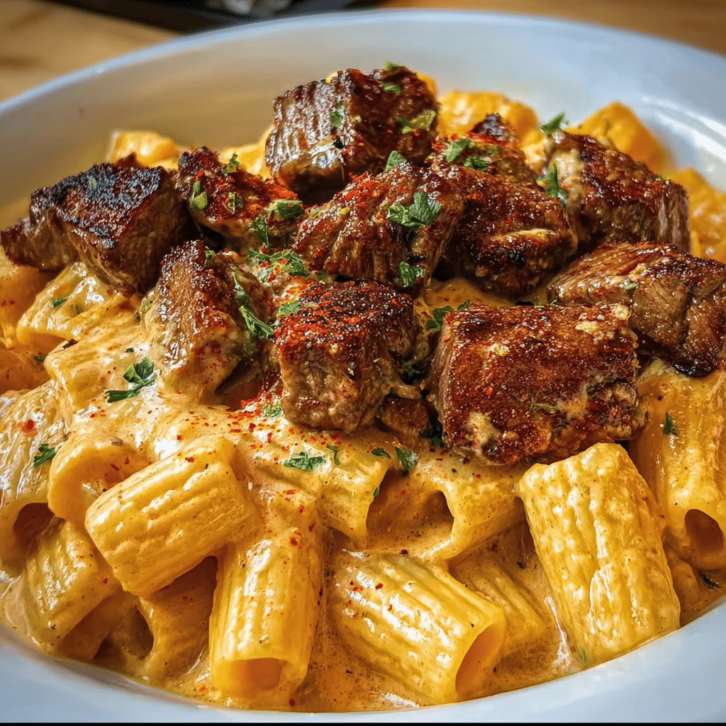 Cajun Steak Tips in Cheesy Rigatoni Parmesan Sauce