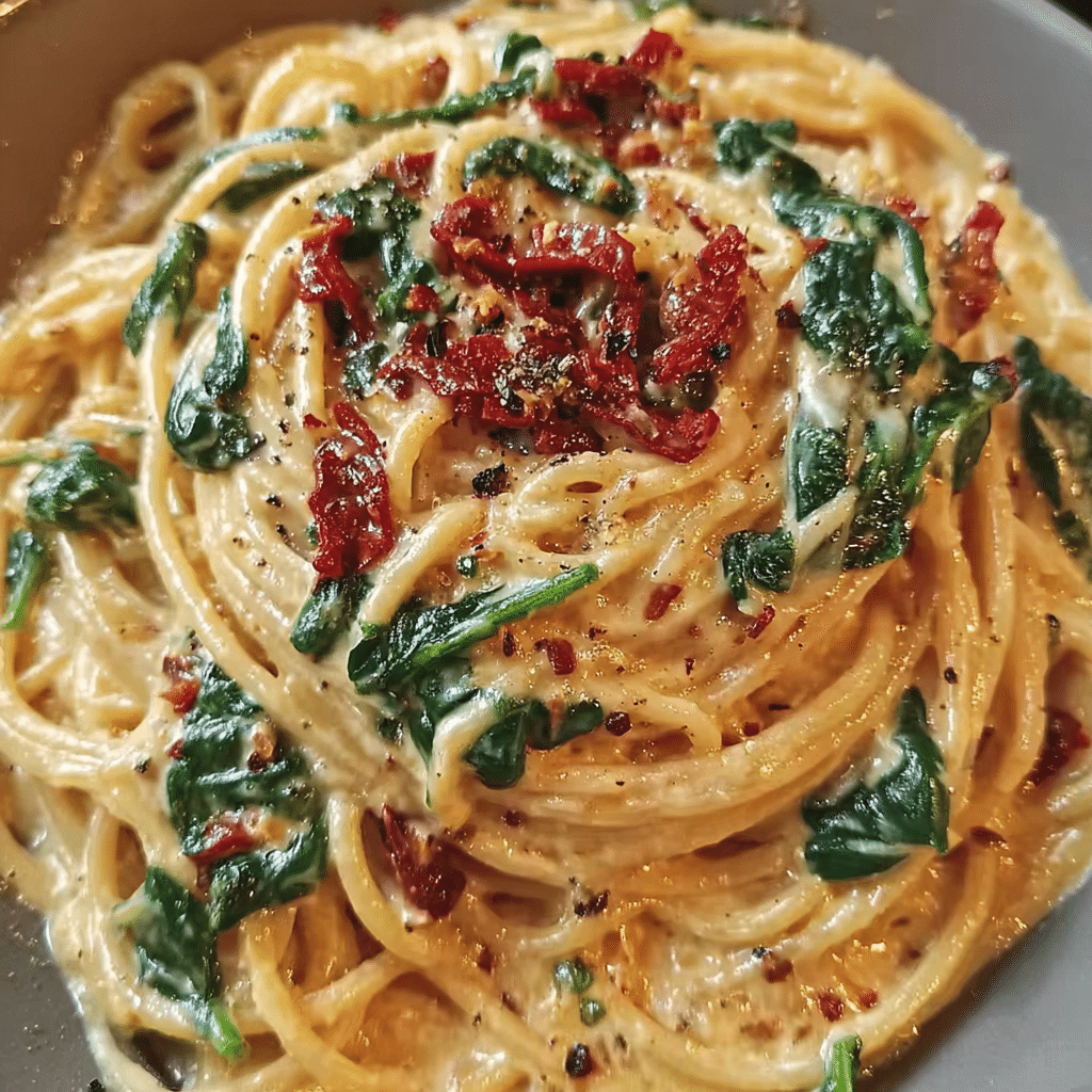 Spaghetti & Spinach with Sun-Dried Tomato Cream Sauce