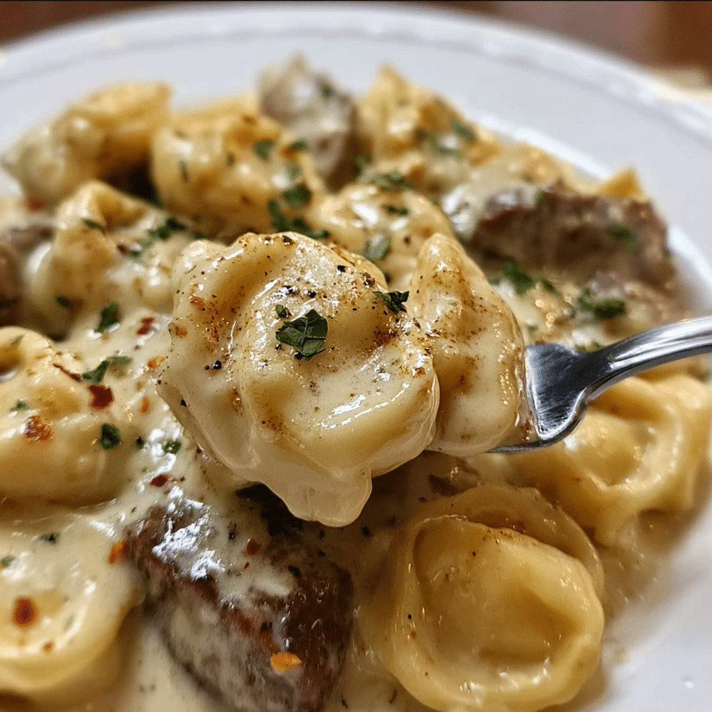Cheesesteak Tortellini in Creamy Provolone Sauce