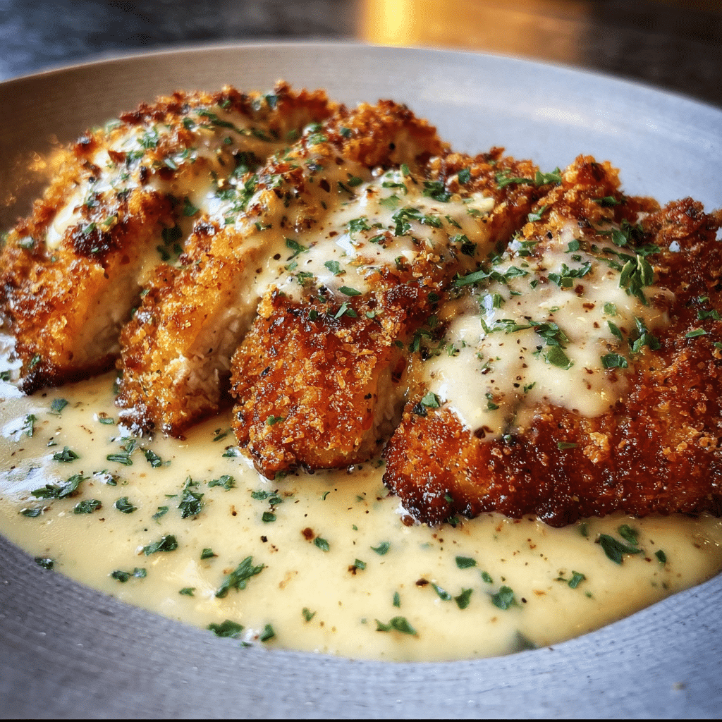 Crispy Parmesan Chicken with Garlic Cream Sauce