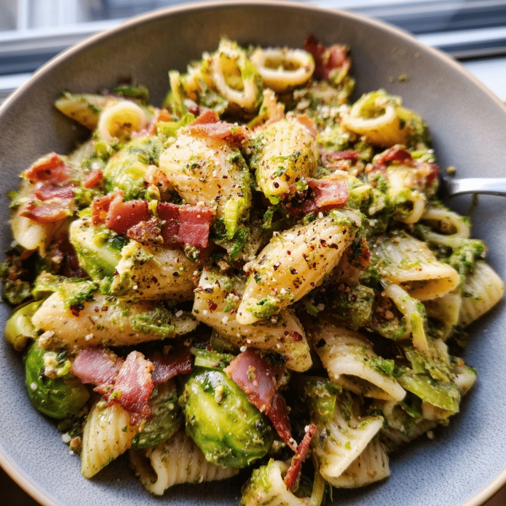 Brussels Sprouts And Bacon Pesto Pasta