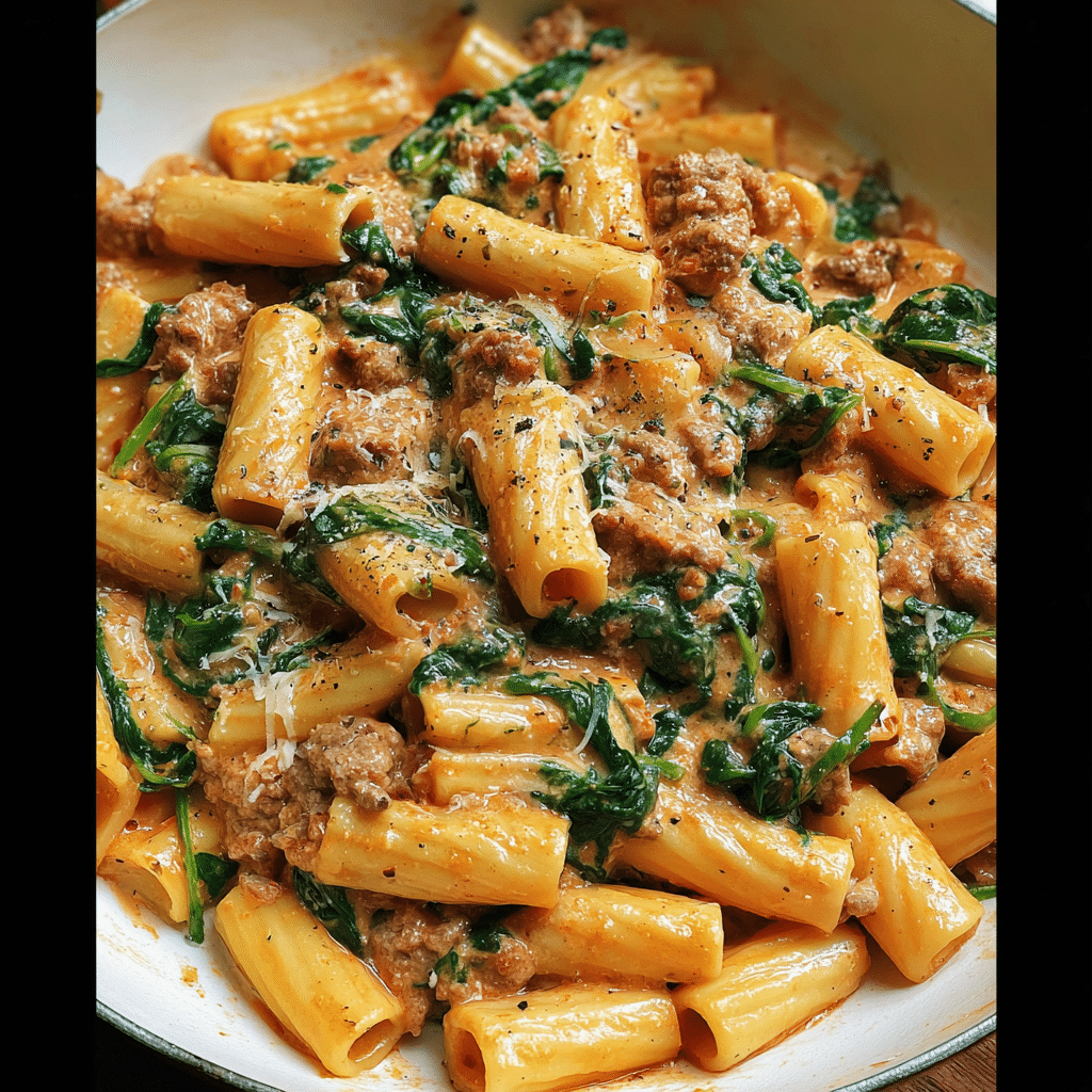 Creamy Sausage Rigatoni With Spinach