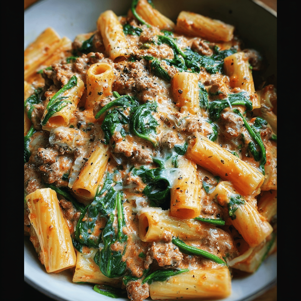 Creamy Sausage Rigatoni With Spinach