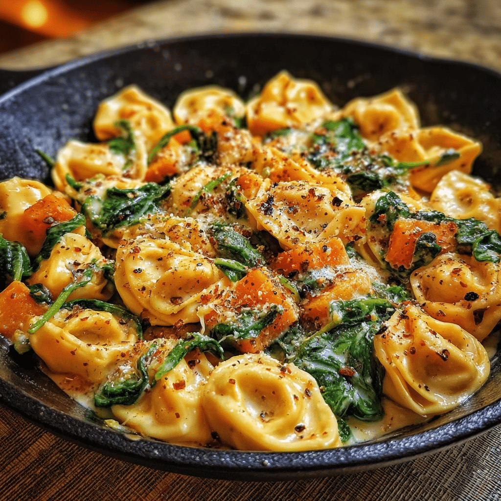 Creamy Skillet Tortellini With Sweet Potato And Spinach