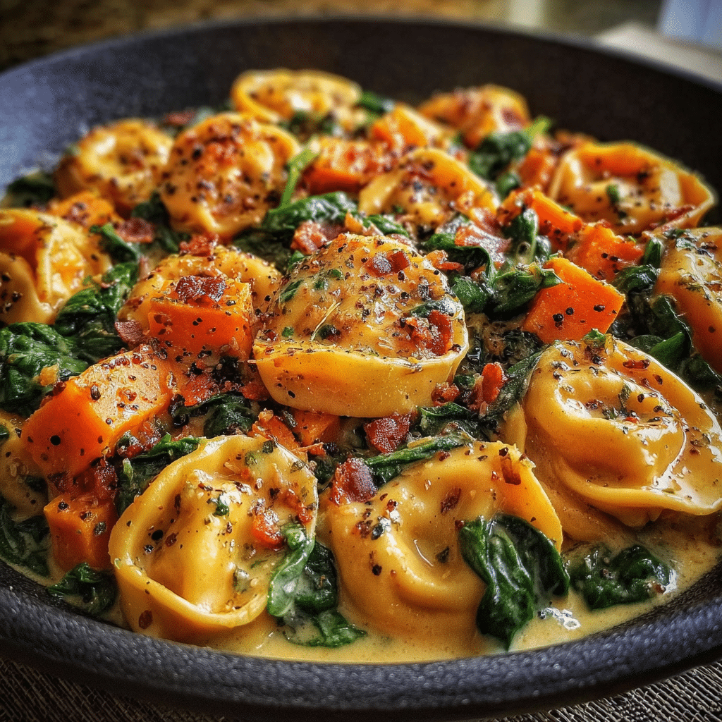 Creamy Skillet Tortellini With Sweet Potato And Spinach