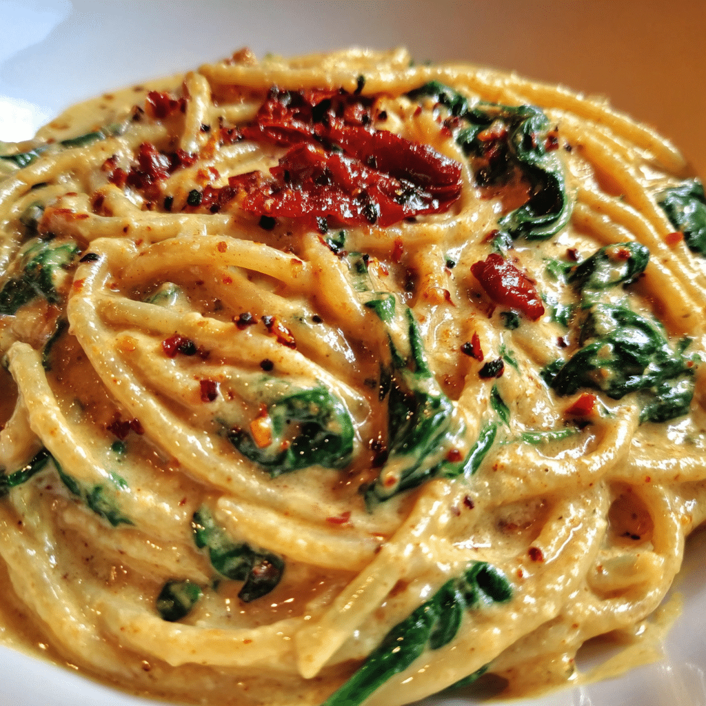 Spaghetti And Spinach With Sun Dried Tomato Cream Sauce