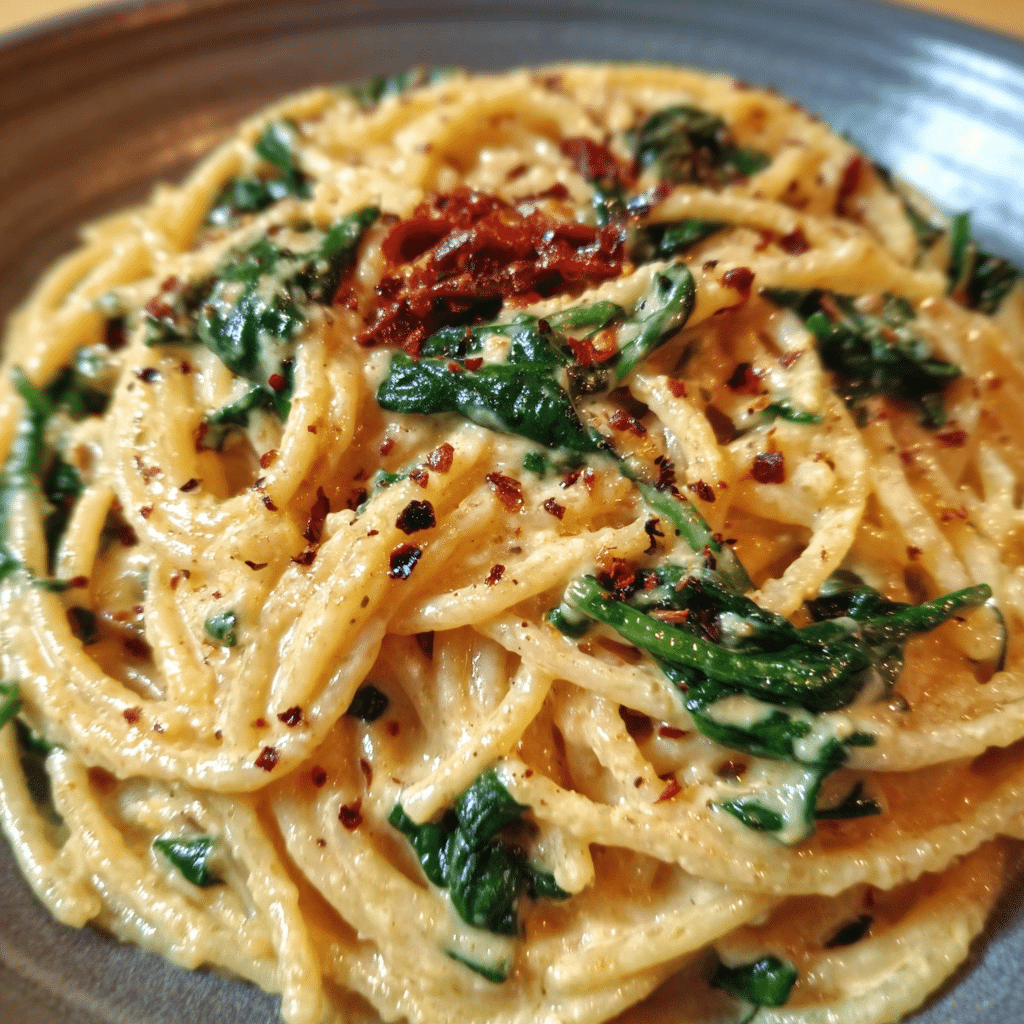Spaghetti And Spinach With Sun Dried Tomato Cream Sauce
