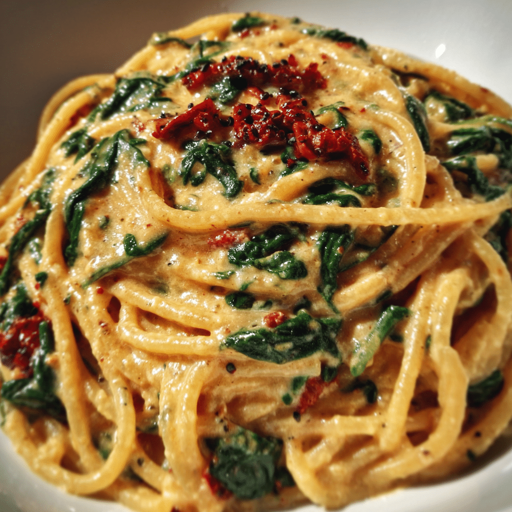 Spaghetti And Spinach With Sun Dried Tomato Cream Sauce